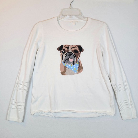 Lisa Todd Sweaters - Lisa Todd Womens Bulldog Lover Knit Cotton Sweater Top Size Small White Animal